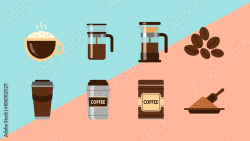 Assorted Coffee Cups and Coffee Makers on a Divided Background.