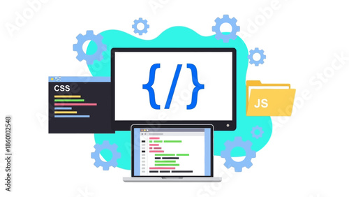Web Development Coding on Laptop and Desktop Computers.