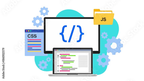 Web development coding on laptop with CSS and JavaScript files.