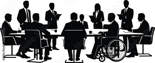 Inclusive Business Meeting Silhouette Vector Teamwork Conference Discussion with Disabled Person in Wheelchair