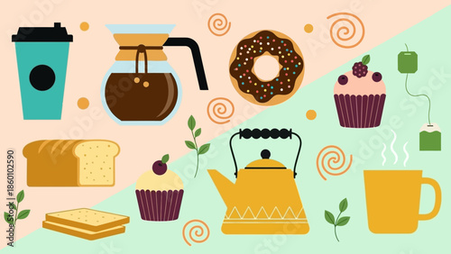 Assorted Coffee and Bakery Items with Tea Kettle.