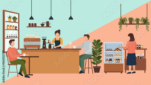 Customers and Barista in a Modern Coffee Shop Scene.