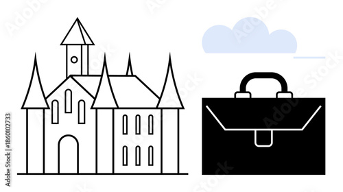 History, business, professional growth, travel, cultural heritage, corporate identity. Outline of a castle, briefcase and cloud. Business and cultural heritage visually combined