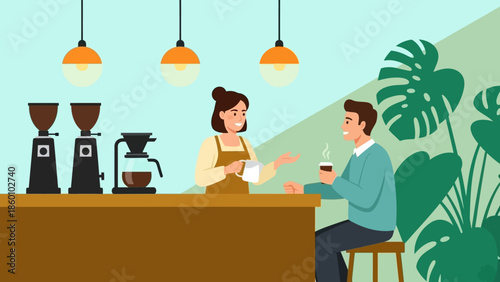 A man and woman interacting at a coffee shop counter with coffee machines.