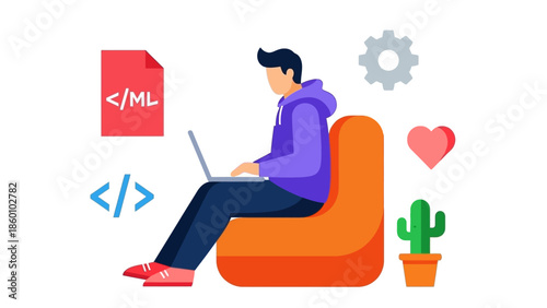 Illustration of a person working on a laptop with coding symbols around.