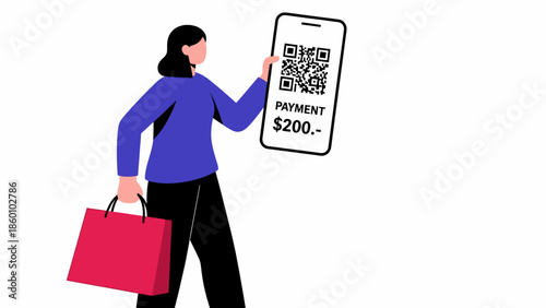 Woman making a payment using a mobile phone with a QR code.