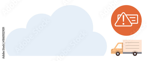 Large cloud shape, warning alert icon, and delivery truck. Ideal for logistics, transportation, cloud technology, data issues, risk management digital connectivity efficiency. Simple flat metaphor