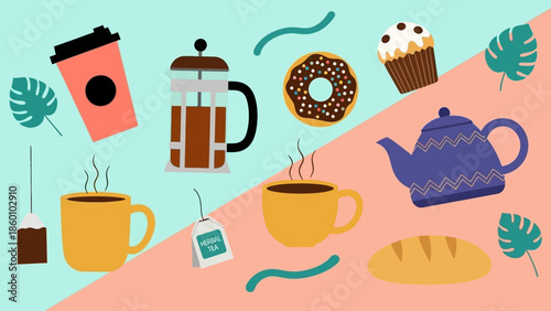 Assorted Coffee and Tea Items with Pastries and Leaves.