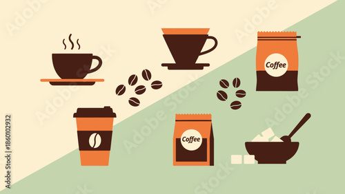 Coffee cups and beans with coffee bags and sugar bowl.