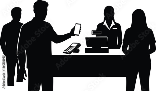 Mobile Payment Customer at Checkout Counter Silhouette Illustration