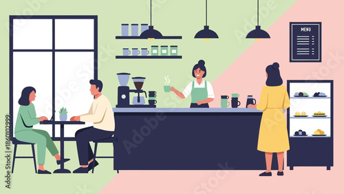 Customers enjoying coffee at a modern cafe with friendly service.