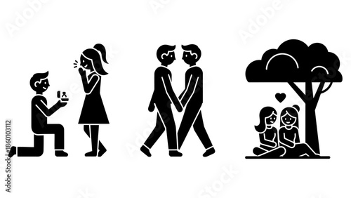 Set of relationship icons showing marriage proposal and same sex couples walking outdoors