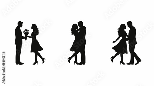 Silhouettes of couples in love showing romantic gestures with flowers and sweet embraces