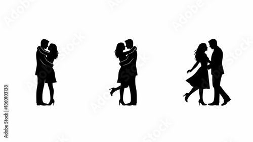 Silhouettes of couples embracing closely during dance or romantic moment on date