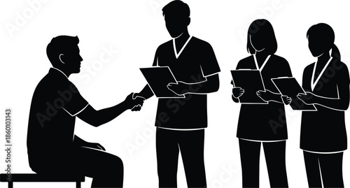 Patient and medical staff handshake silhouette Doctor consultation and healthcare agreement vector illustration
