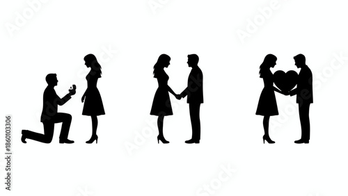 Marriage proposal and romantic engagement silhouette icons set with heart shape elements