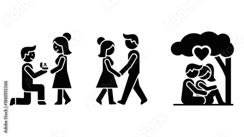 Marriage proposal icon romantic walk and couple hugging under tree pictogram set black