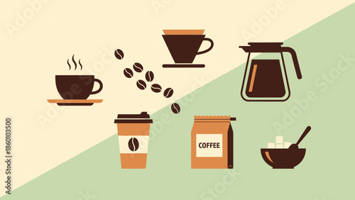Assorted Coffee Cups and Coffee Making Essentials.