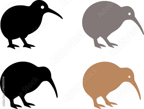 Icon, 4 kiwi bird illustrations, silhouette, transparent background
