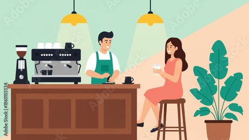 Woman enjoying coffee served by a barista in a cozy cafe setting.