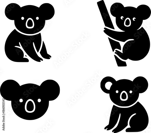 Icon, 4 koala illustrations, silhouette, transparent background