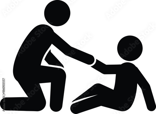 Assistance icon One person helping another person up from the ground Pictogram for support and rescue
