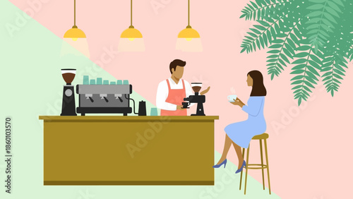Woman enjoying coffee at a modern cafe counter with a friendly barista.