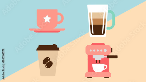 Coffee cups and coffee machine on a table.