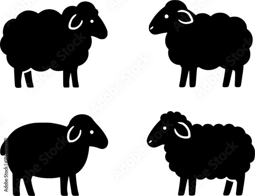 Icon, 4 sheep illustrations, silhouettes, transparent background