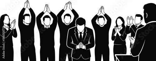 Standing Ovation Audience Clapping and Speaker Bowing Vector Illustration Business Success and Appreciation Black and White