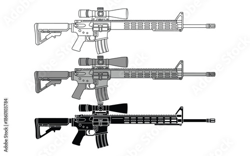 Three tactical assault rifle vectors with scopes in outline grey and black