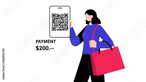 Woman making payment using smartphone with QR code.