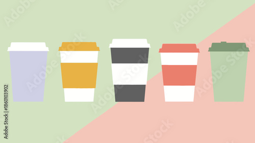 Set of five disposable paper coffee cups with lids in various pastel colors, arranged in a row against a split pastel background