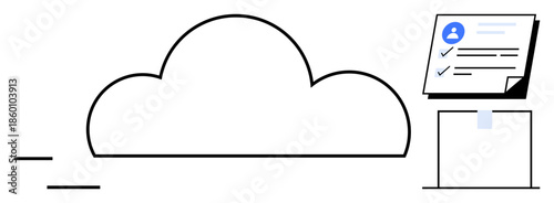 Cloud with arrows indicating upload next to a verified document on a folder. Ideal for cloud computing, online storage, certification, data management, organization, security, digital workflow
