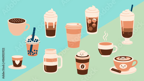 Collection of various illustrated coffee drinks and beverages with different toppings and styles, perfect for cafe menus or graphic design