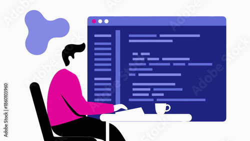 Young man coding on a laptop with a programming interface on the screen, a cup of coffee on the desk, and abstract shapes in the background