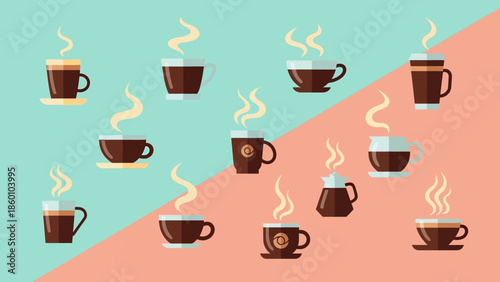 Assorted coffee cups on a divided pastel background.