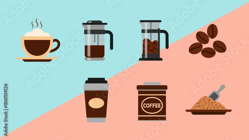 A delightful arrangement of coffee-related items showcasing the brewing process and enjoyment of this popular beverage