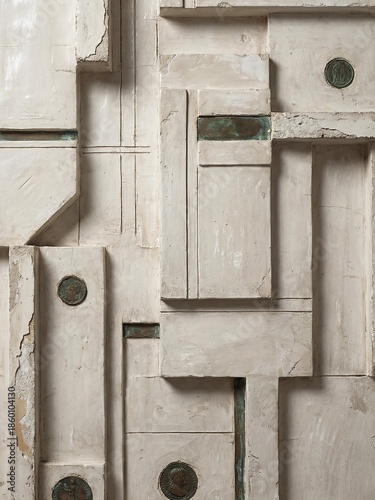 Textured off-white plaster blocks create a brutalist composition with aged metal coins and grooves.