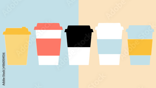 Colorful assortment of disposable coffee cups with lids, showcasing a modern and minimalist aesthetic