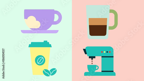 A collection of coffee and tea related icons, including a cup of coffee, a takeaway coffee cup, coffee beans, and a coffee machine