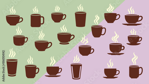 Collection of various coffee cups and mugs filled with hot beverages, steaming in a modern flat design style
