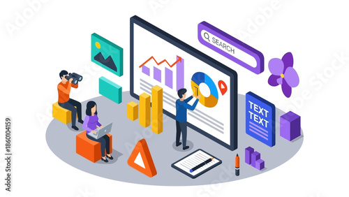 Isometric illustration of data analysis and digital marketing strategy for business growth