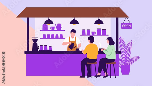 Barista pouring coffee at a coffee shop counter with customers sitting and waiting