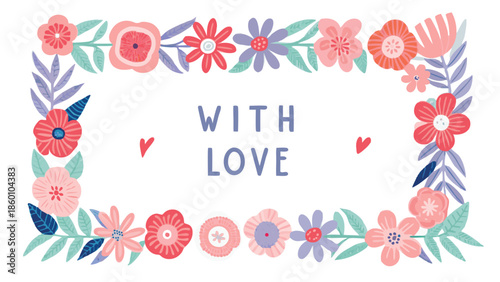 Colorful floral frame with 'WITH LOVE' message for Valentine's Day or romantic greeting