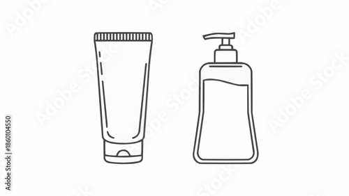 Line art illustration of a squeeze tube and a pump bottle.