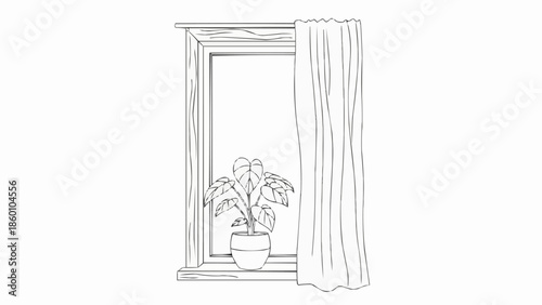 Line Drawing of a Potted Plant in a Window with Curtain.