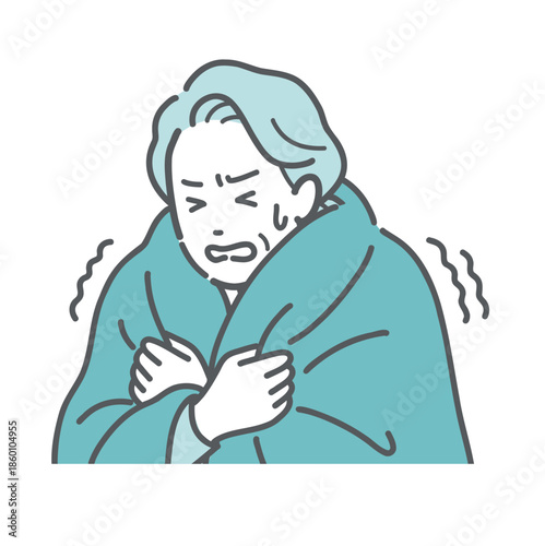 寒気でガタガタ震える高齢女性のイラスト
