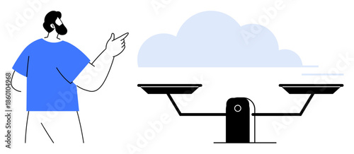 Cloud computing, digital storage, resource management, decision-making, technology comparison, data solutions. Person pointing at balanced scale with a cloud background. Cloud computing and digital