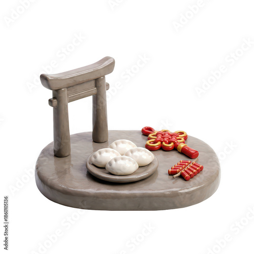 Clay Diorama Miniature Torii Gate With Dumplings Chinese Knot And Firecrackers On Stone Slab Isolated Transparent Background